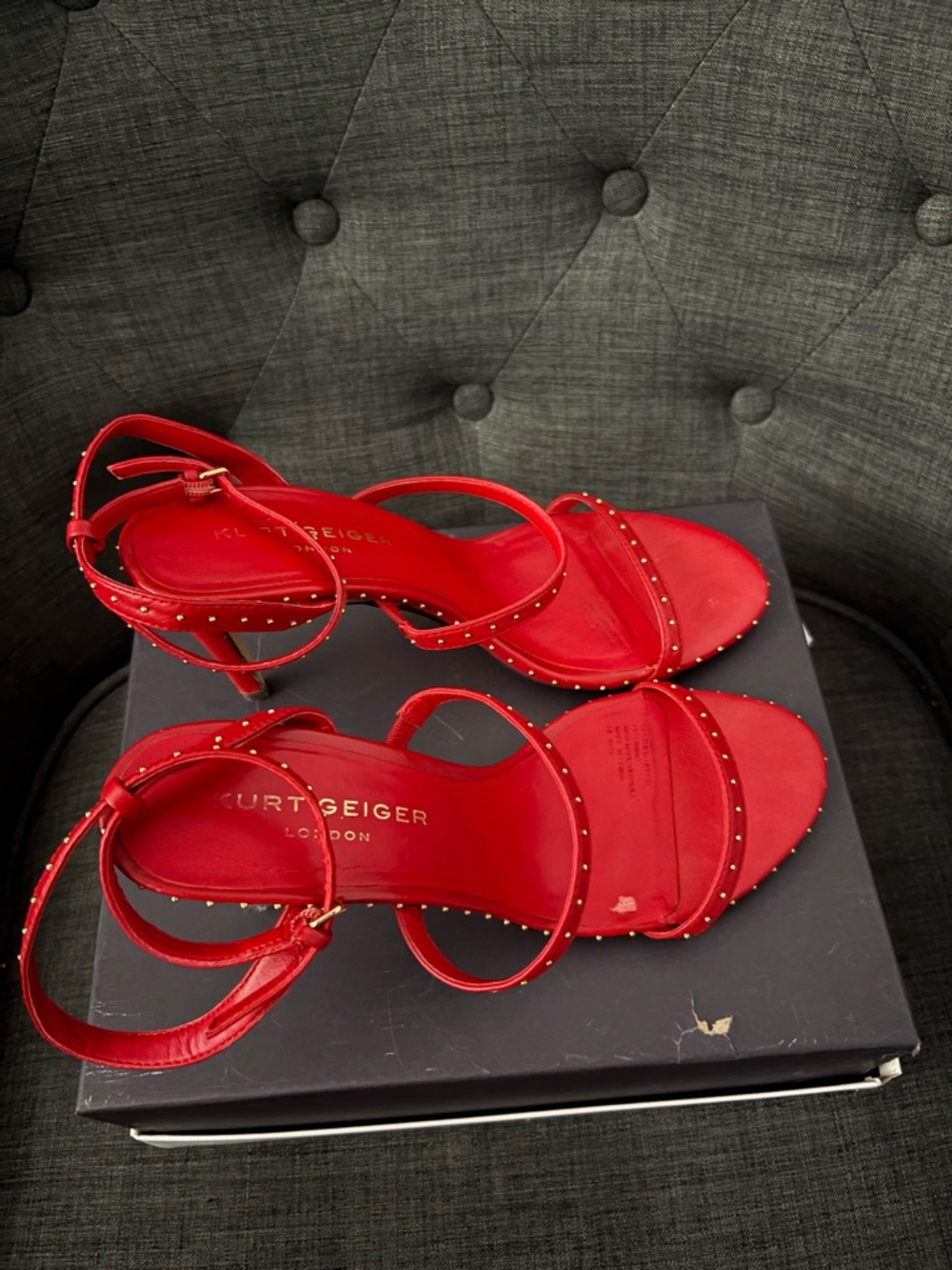 Kurt Geiger Red Studded Strappy High Heel Sandals - Picture 3 of 4